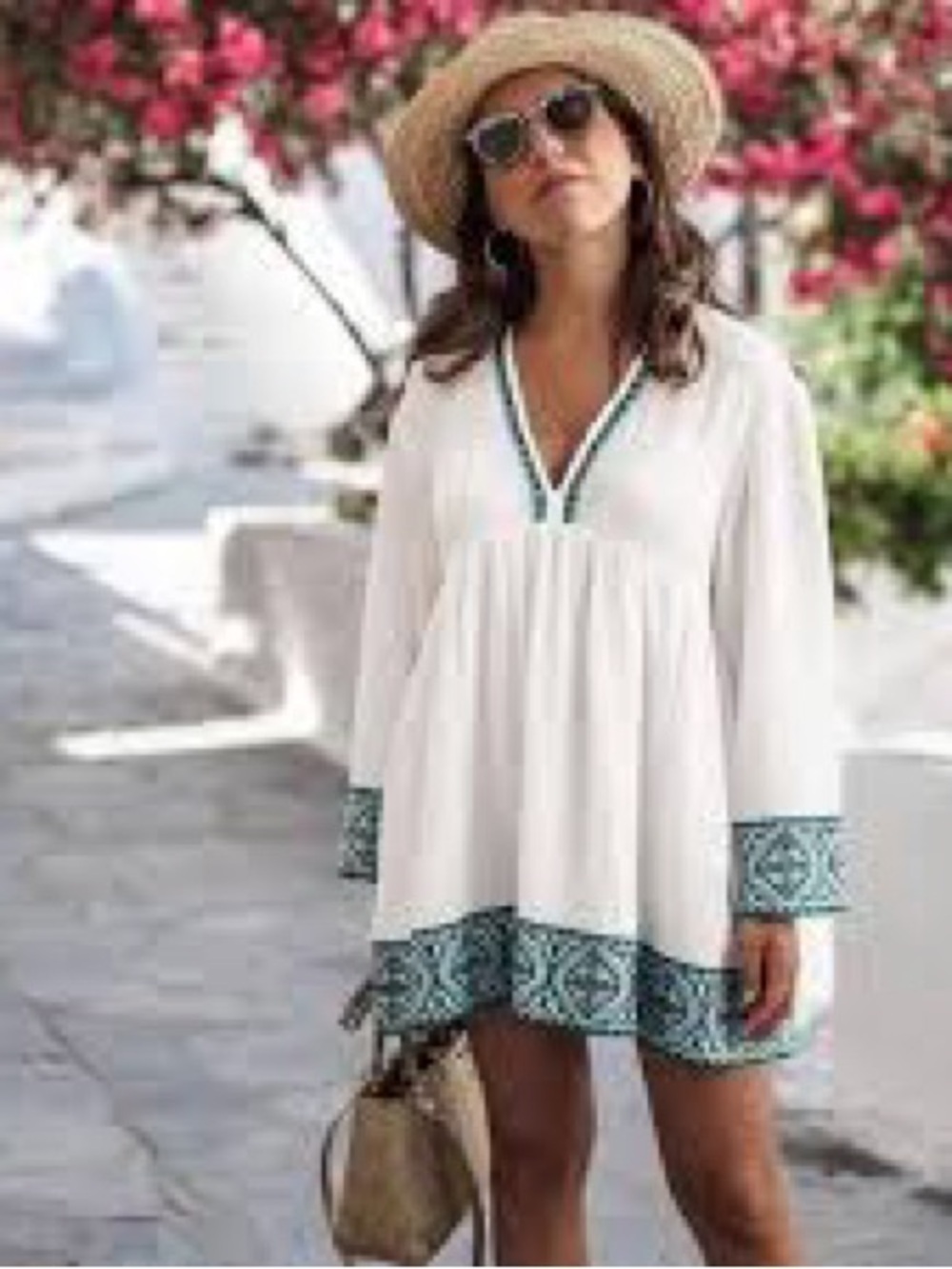Zara White Tunic Dress with Teal Embroidered Trim. Small
